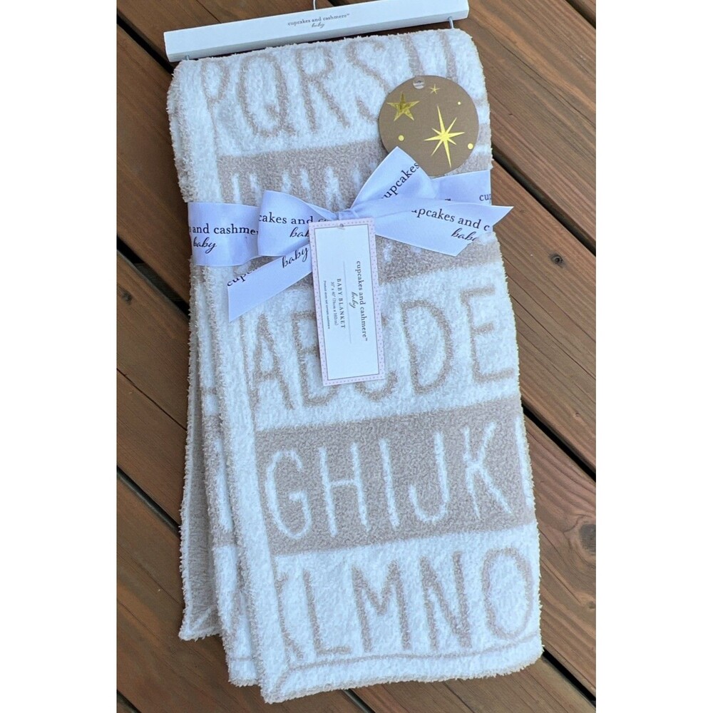 Cupcakes & Cashmere Baby Blanket ABC Tan White Alphabet Soft Chenille Unisex New